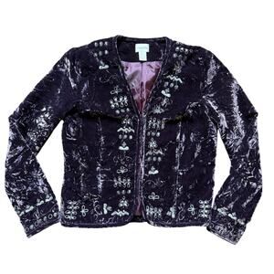Chico’s Purple Crushed Velvet Silver Embroidered Jacket Size Small